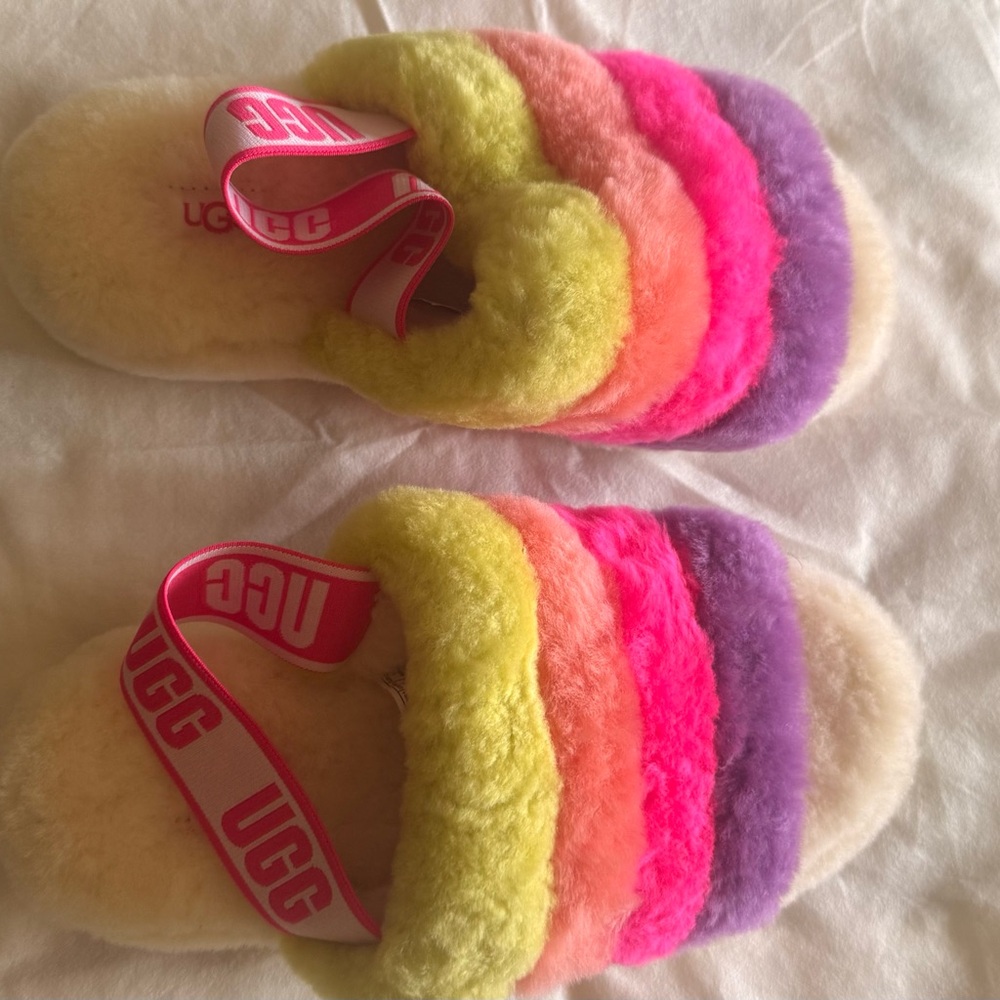 UGG Fluff Yeah Slides NWOT - Shearling Fluff Slides in Yellow Pink Purple - Picture 3 of 5